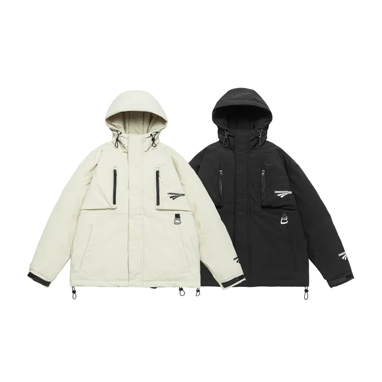 PANGB 冬季新款大码连帽纯色大口袋设计宽松防风保暖拉链羽绒服