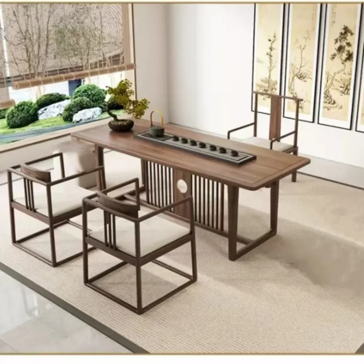 新中式桌椅组合胡桃木色功夫茶台实木茶几办公室家用老榆木茶桌