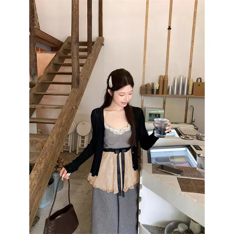 初秋少女感吊带白月光收腰+ins风韩系修身开衫+格子阔腿裤22381#