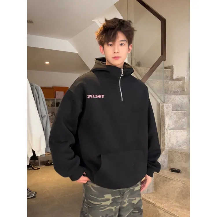 「Staramot」男女同款重磅420G纯色字母刺绣连帽卫衣宽松半拉链上衣