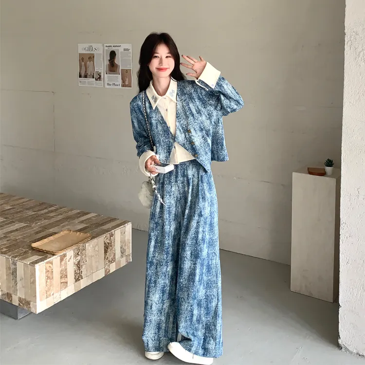 盐系扎染牛仔套装裤2025春秋新款复古甜酷风小众显瘦文艺范两件套