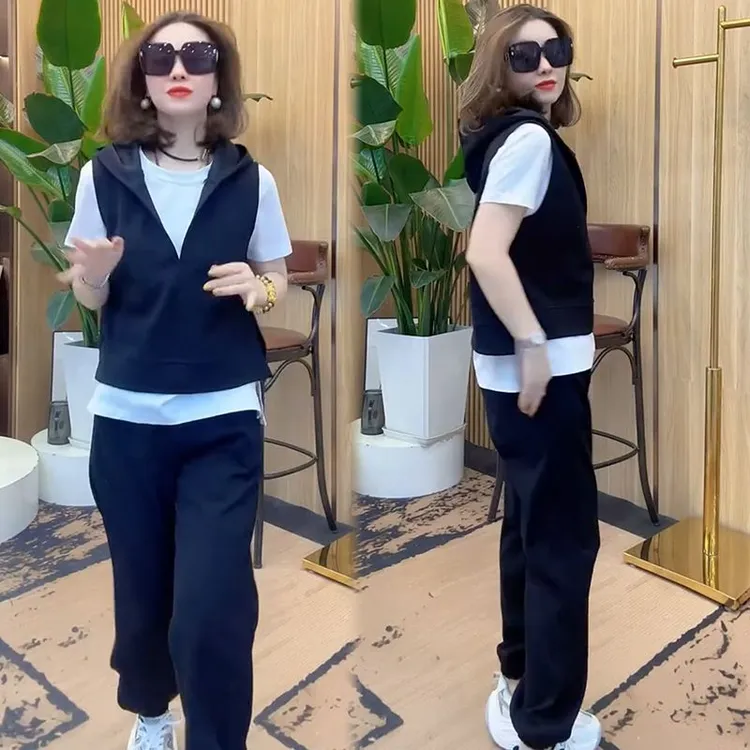2025春夏季新款马甲短袖三件套女宽松大码气质网红百搭简约套装潮