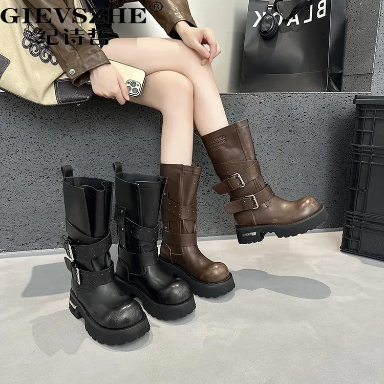 纪诗哲擦色厚底中筒英伦风马丁靴女2025秋季新款小众机车时装靴女