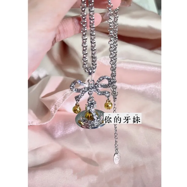 合金项链 YM小西蝴蝶结铃铛土星项链复古经典白色百搭气质坠链