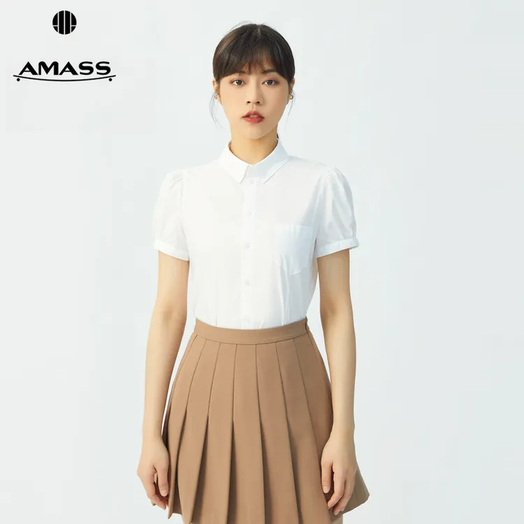 阿玛施AMASS新款女装单排扣百搭公主袖纯色收腰短袖衬衫女5300948