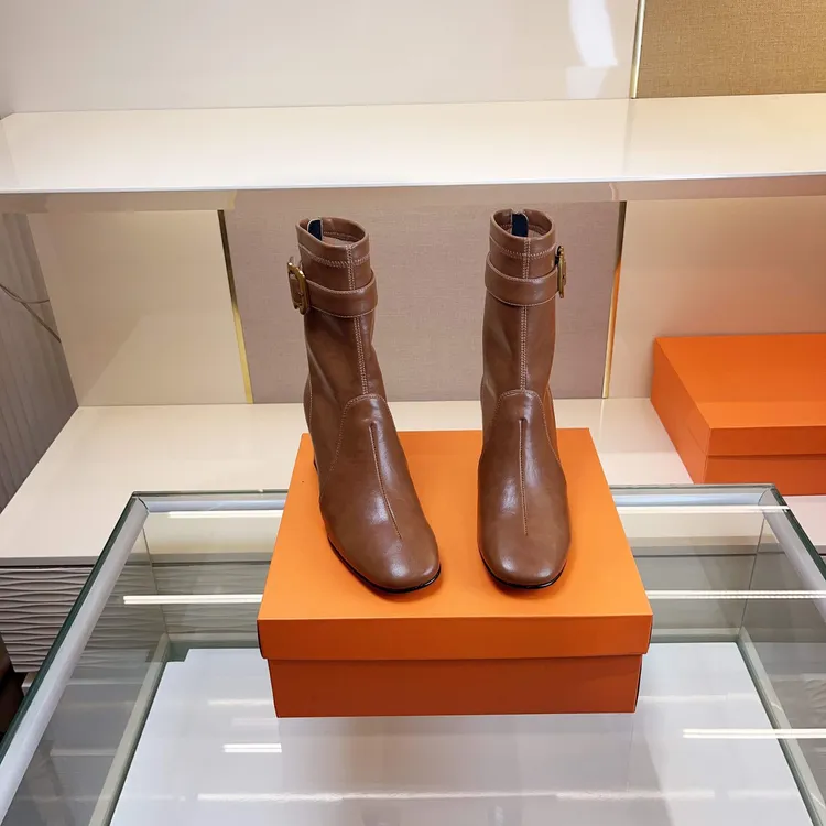 范戈希跟6cm牛皮复古港风粗跟后拉链气质筒靴圆头百搭短靴买1赠3