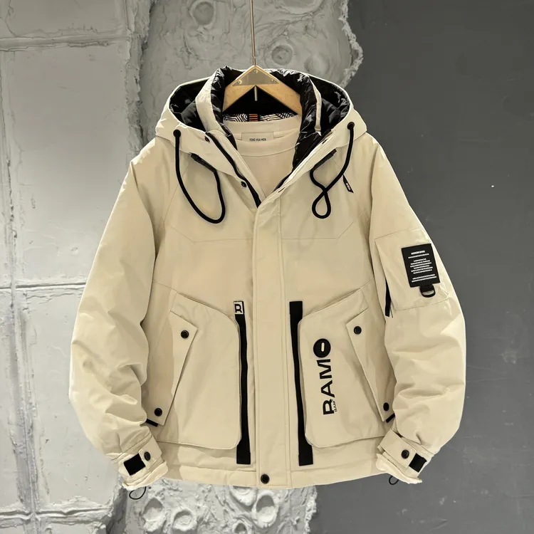 保罗冬季连帽羽绒外套男潮牌时尚防风抗寒白鸭绒冲锋衣拼接加厚保