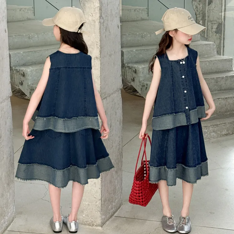 裙子女童春装宝宝衣服儿童新款爆款款反拼牛仔套装洋气时髦童装