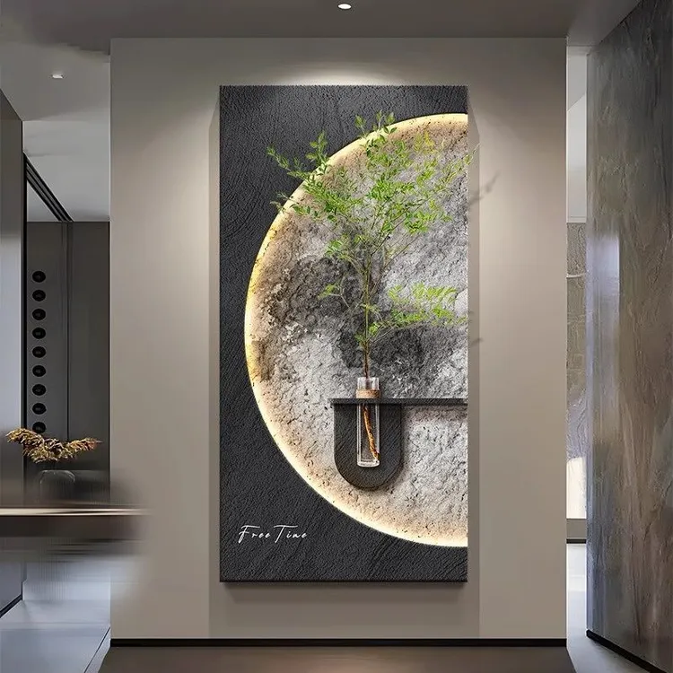 水培绿植侘寂风玄关装饰画2025新款高级感挂画月球入户正对门壁画