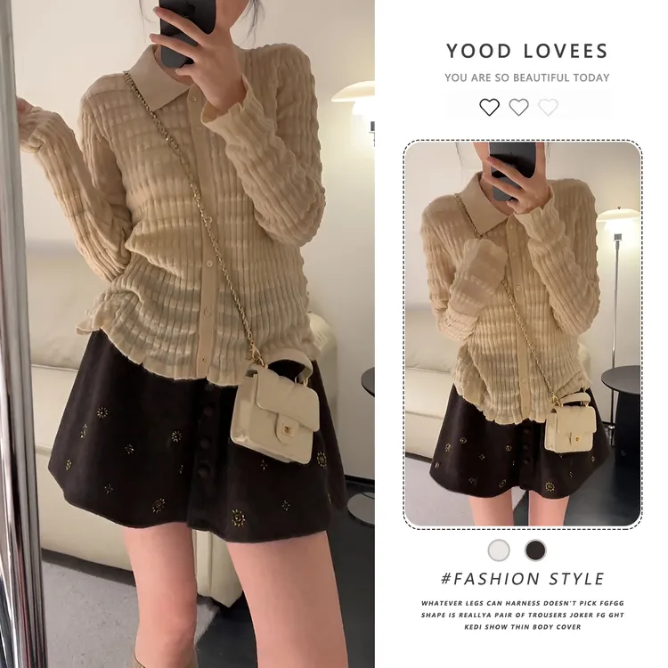 韩系洋气设计款翻领针织衫2025秋冬新款松紧腰提花半裙时尚套装