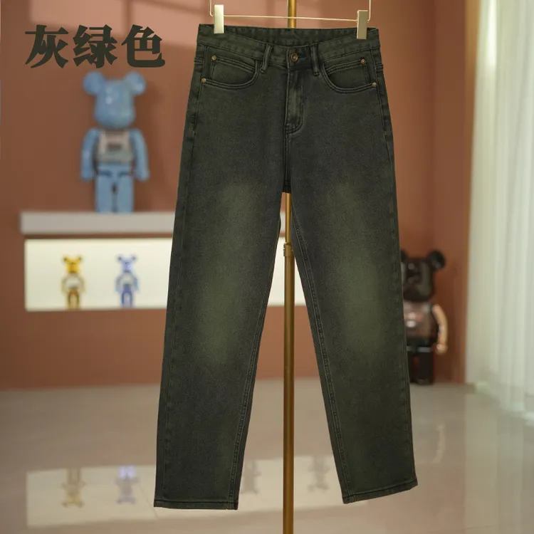 灰绿色牛仔裤男士2025秋冬新款免烫抗皱欧货复古高端潮流宽松长裤