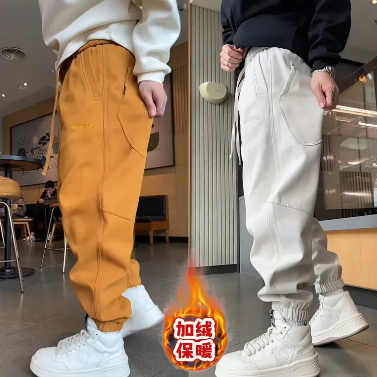 男士冬季加绒裤子时尚潮流工装款拼接防风束脚卫裤潮牌休闲长裤男