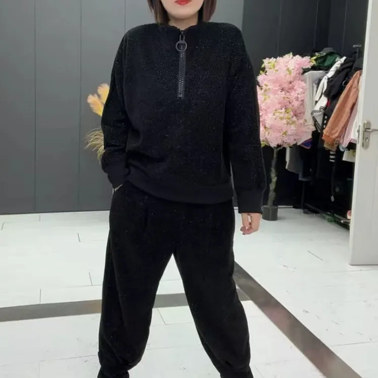 梦梦家2502款宽松遮肉显瘦半拉链休闲套装（衣服+裤子）