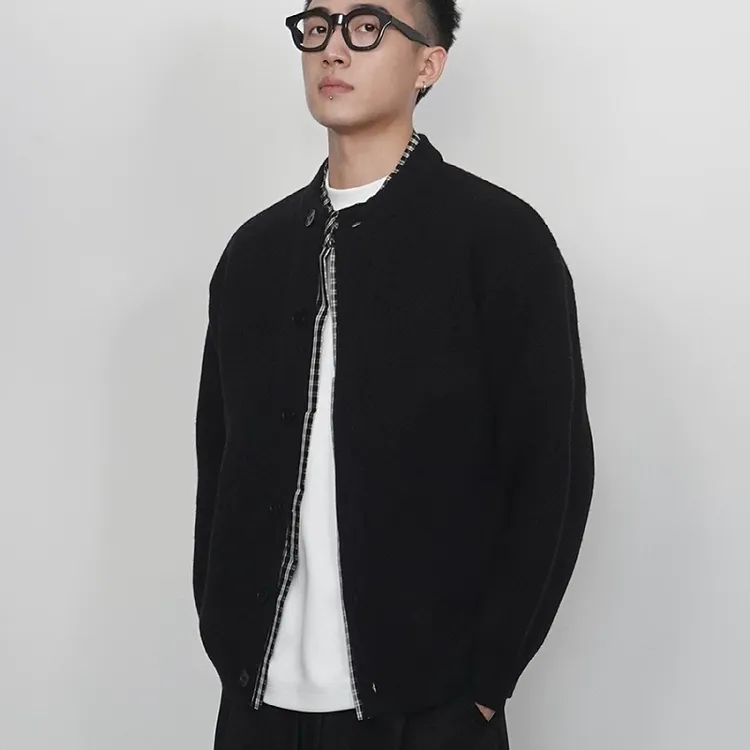 秋季男士毛衣开衫外套拼接假两件针织衫2025早秋新款立领男装夹克