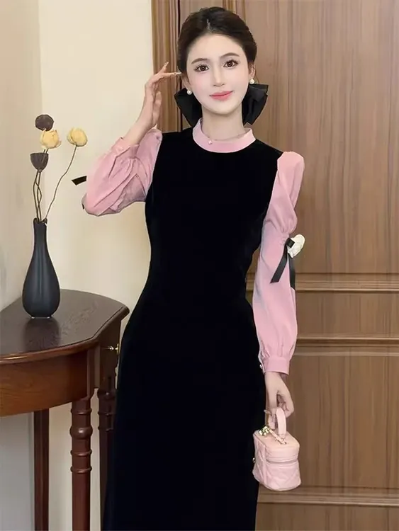 秋季LILI李李家黑粉玫瑰法式千金风慵懒舒适假两件黑丝绒连衣裙