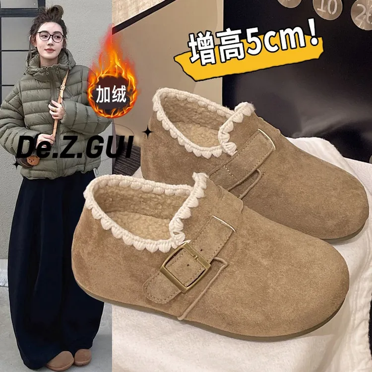 厚底内增高加绒花边勃肯鞋女2025秋冬季新款巨好看乐福鞋保暖棉鞋