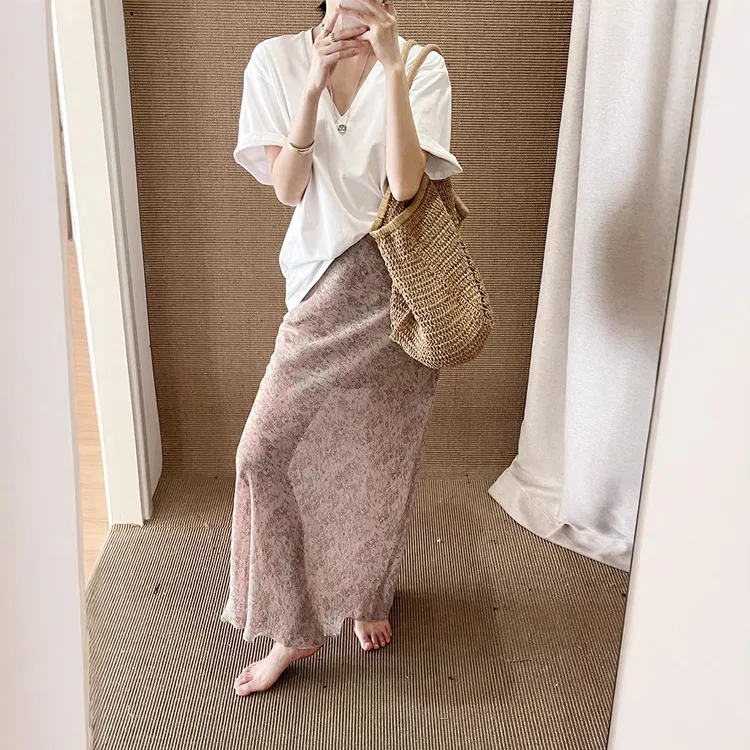 夏上新碎花慵懒小清新松紧腰休闲半身裙女聚酯纤维2025年春季长裙