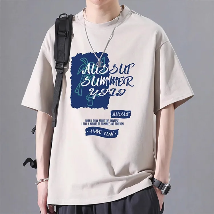 潮流宽松纯棉短袖t恤男士夏季新款潮牌印男士男士男条纹长袖t恤