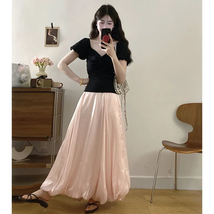 9085#大码夏季显瘦法式套装公主针织扭结上衣流光花苞裙两件套女