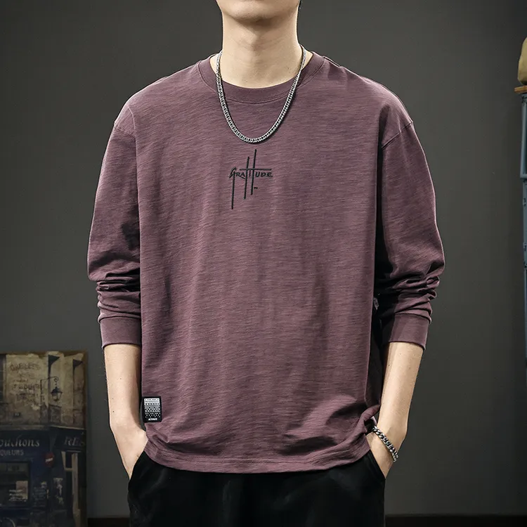 LEIGHZ/雷茨2025秋季新款重磅刺绣长袖T恤男美式竹节棉圆领卫衣