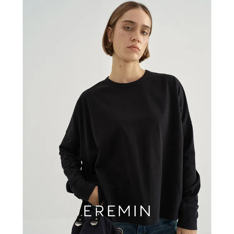 DE Mincollection藏蓝廓形T/落肩全棉平纹针织休闲圆领卫衣40467