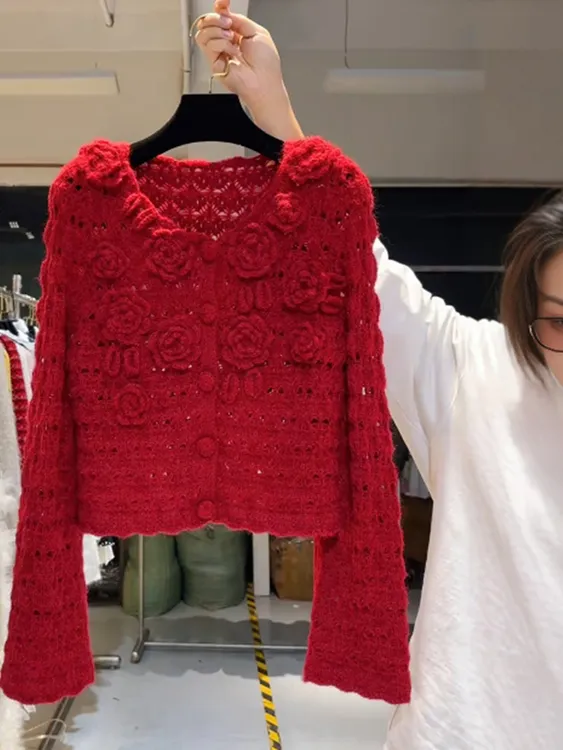 秋冬显瘦百搭法式复古红色立体花朵长袖针织开衫女毛衣高级感上衣