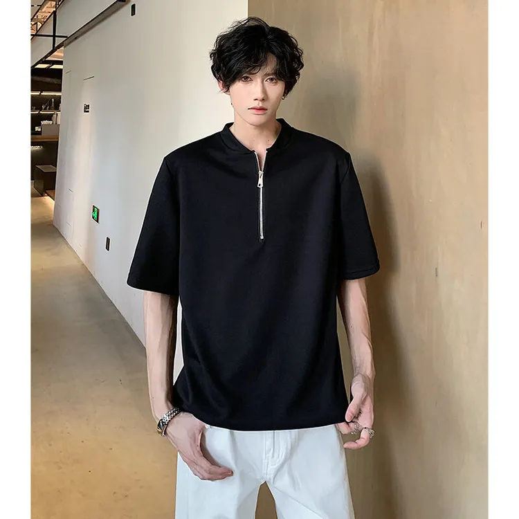 高街潮牌短袖T恤男2025夏半拉链小立领垫肩设计ins禁欲系宽松上衣