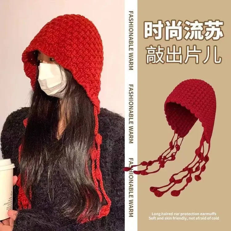 川西氛围感穿搭旅游帽子高级感出片毛线帽女红色新疆草原针织冷帽