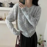 秋季新款针织开衫女圆领口袋外套时尚毛衣纯色长袖气质