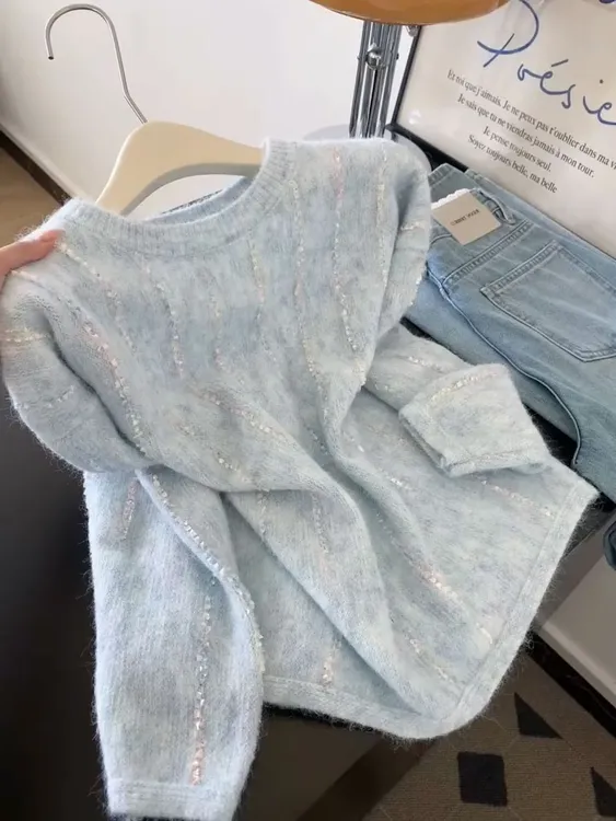 韩系蓝色圆领长袖针织衫女秋冬季2025新款慵懒风漂亮软糯甜美毛衣