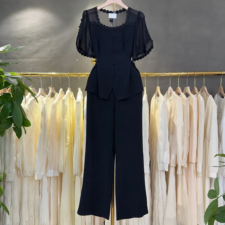 A379 高端时尚大气套装女夏2025流行新款短袖上衣阔腿裤两件套