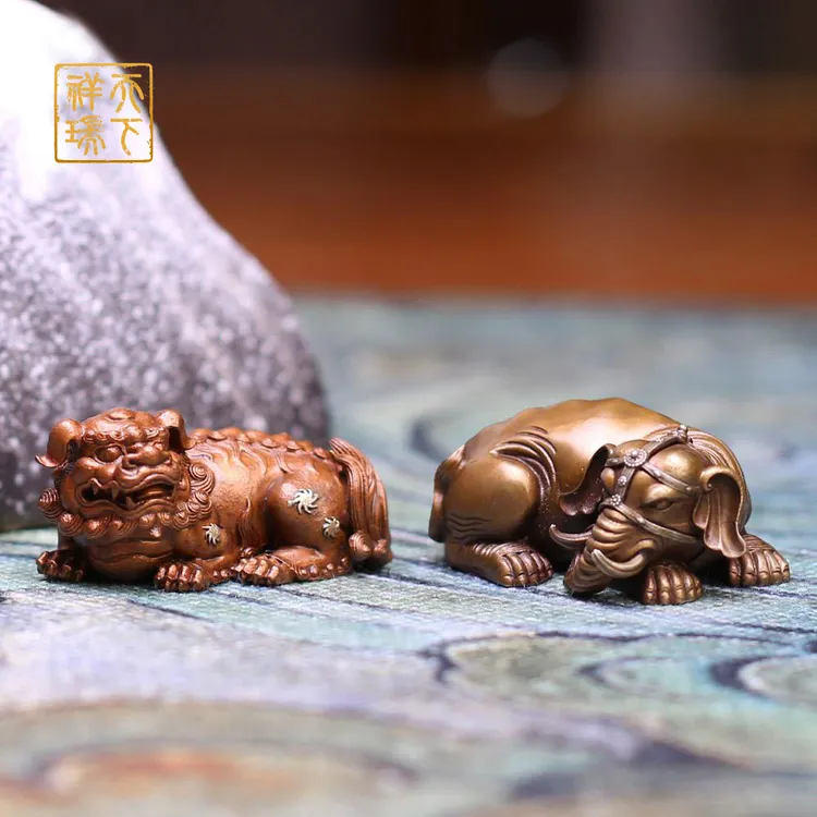 天下祥瑞 5#青狮5#六牙白象黄铜居家玄关办公室书房摆件国风礼品