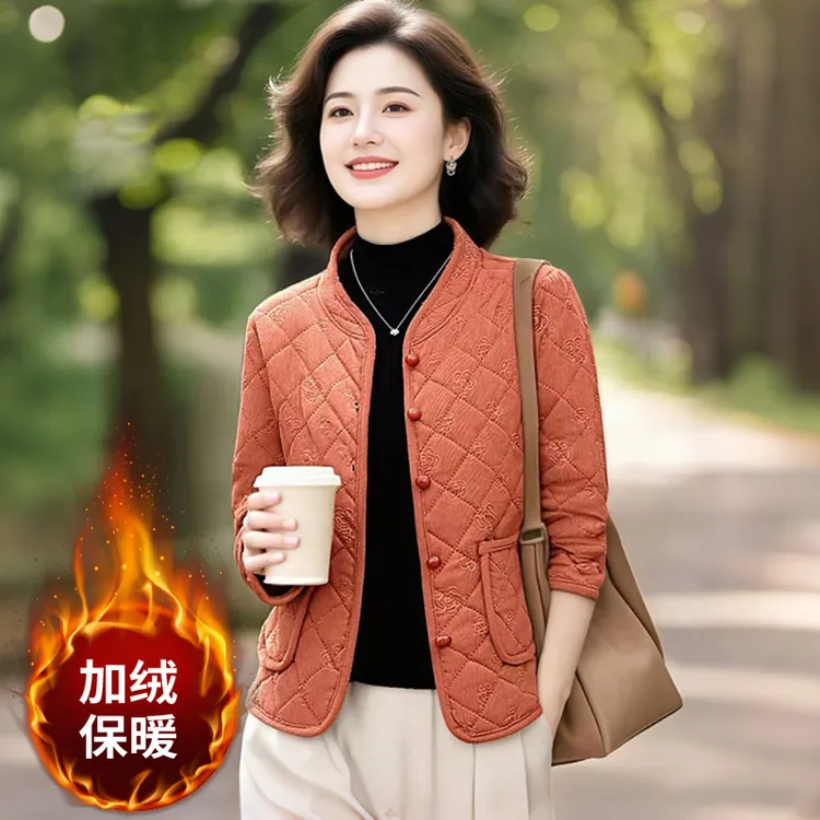 秋冬小薄棉袄女中年绒布纯色立领加绒外套中老年轻便小棉衣冬