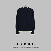 LYKKE 25新款全羊毛设计感大V领下摆蕾丝边针织开衫-E496