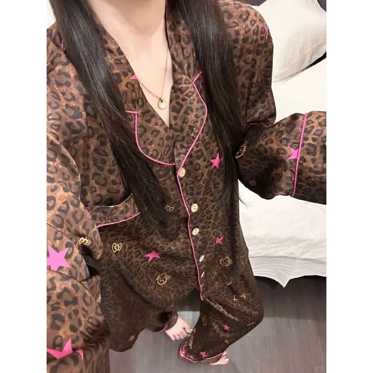 欧美豹纹印花冰丝睡衣女款爆款2025新款长袖外穿套装大码家居服