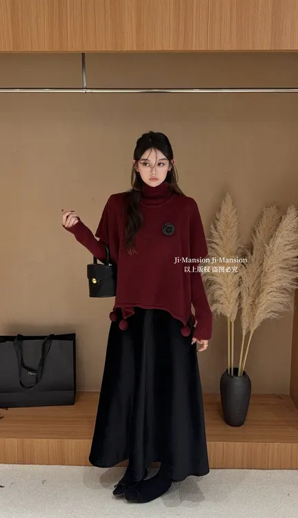 套头半高领针织衫+简约披肩外套毛球设计感毛衣两件套装女配胸针