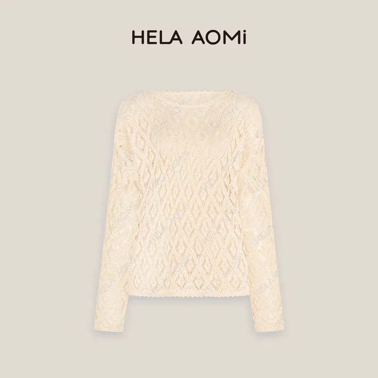 HELA AOMI“菱格镂空”绵羊毛松弛感时尚圆领钩花显瘦宽松针织衫