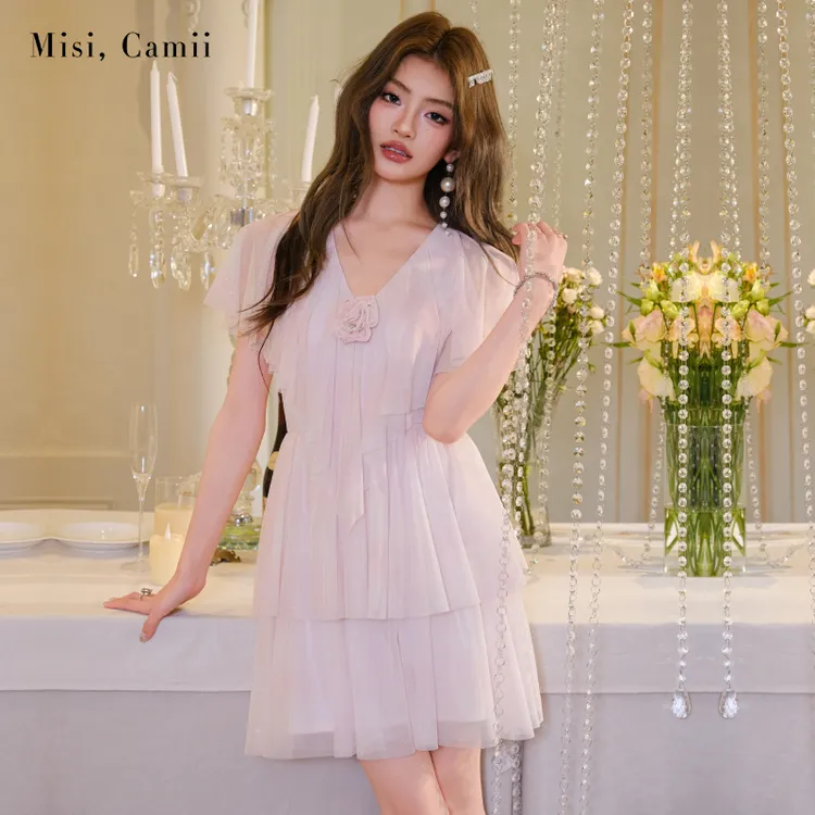 Misi,Camii2025夏季新款原创设计师女装烫银晕染V领连衣裙A字显瘦