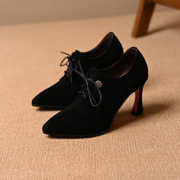 真皮羊皮尖头细跟高跟鞋2025春秋新款磨砂系带深口舒适百搭单鞋女