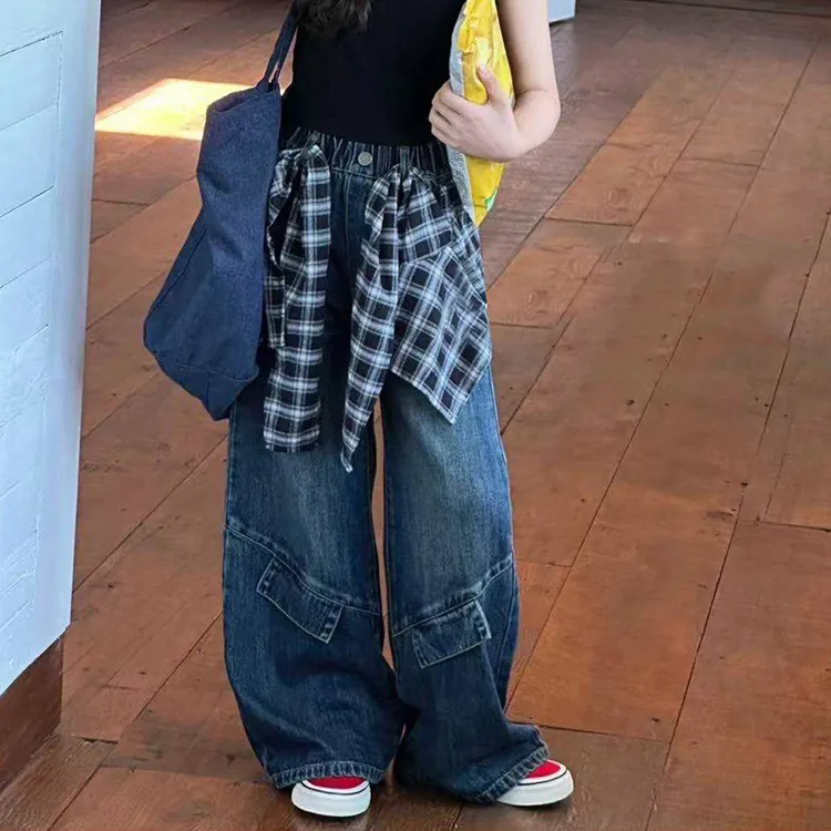 韩国女童牛仔裤春秋2025新款女孩格子屁帘阔腿裤女大童百搭直筒裤