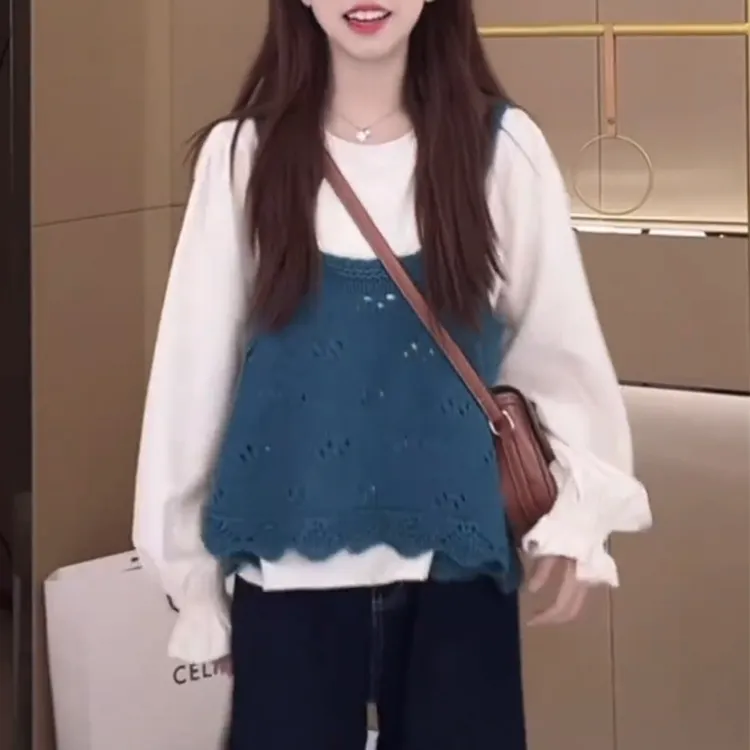 欧若风时尚高级感针织马甲长袖衬衫套装女法式温柔甜美气质两件套