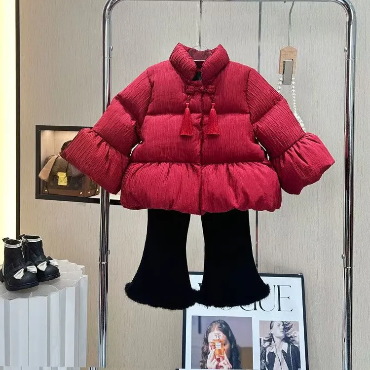 女童冬装棉服外套红色新款儿童洋气加厚棉袄冬季时尚立领棉衣冬款