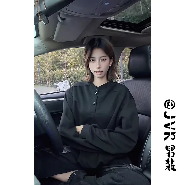 秋季灰色亨利领长袖男款美式解构拼接正肩t恤boxy版型内搭卫衣ins