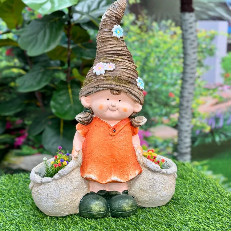 可爱尖帽子女孩提花缸创意人物花盆户外花园庭院落地装饰品摆件