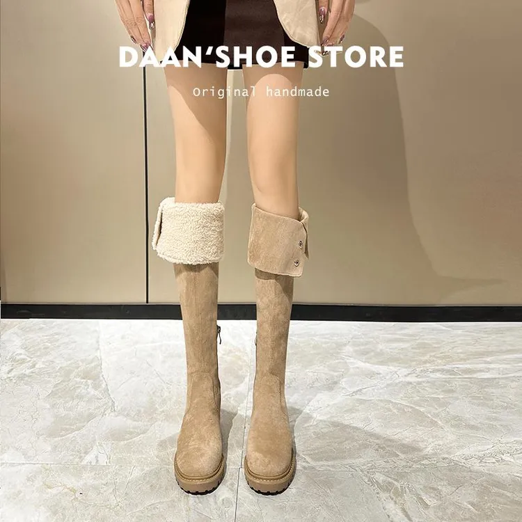 穿高跟鞋的吴大叔真皮显瘦羊羔毛雪地靴过膝长靴女2025秋冬新款加