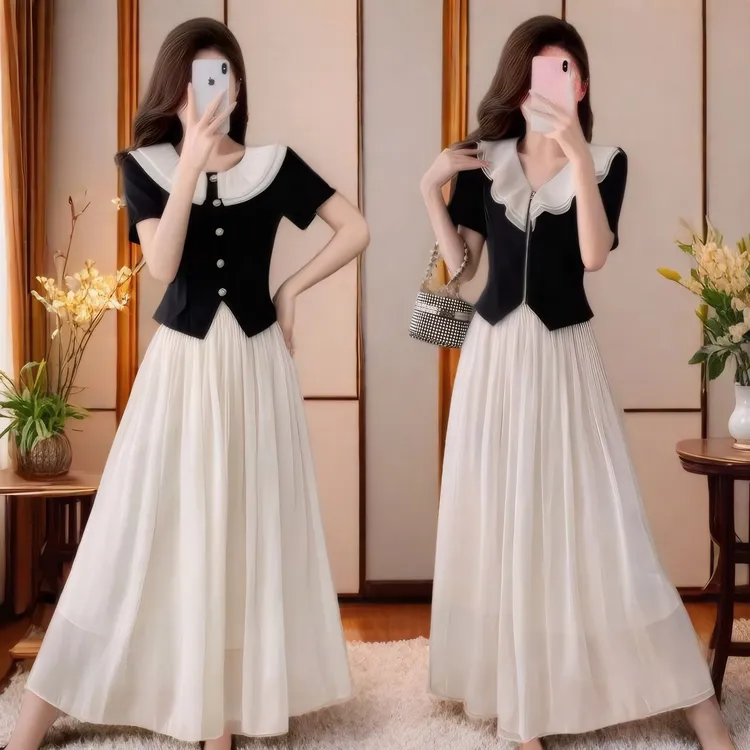 2025年夏季新款气质时尚娃娃领拉链扣子甜美半身裙两件套