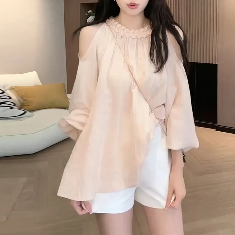 韩版温柔系套装女2025新款夏季泡泡袖露肩防晒衬衫休闲短裤两件套