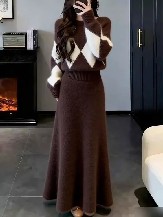 法式温柔风菱格针织上衣套装女秋冬复古气质两件套长袖长裙女神范