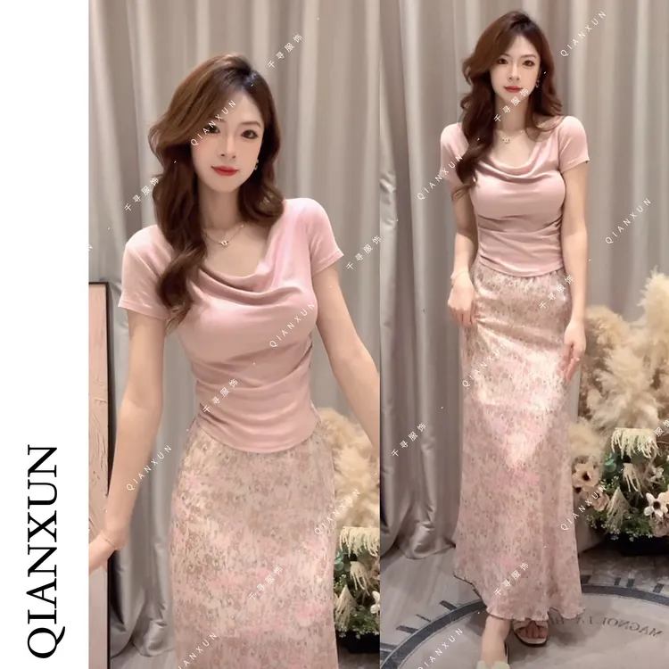 千寻家 三种穿法~一字肩荡领上衣短袖t恤纯欲高级感女新款201#