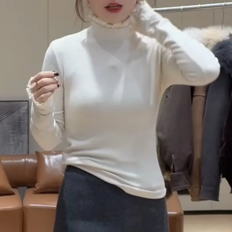 新款蕾丝拼接加绒百搭半高领打底T恤LK2509387